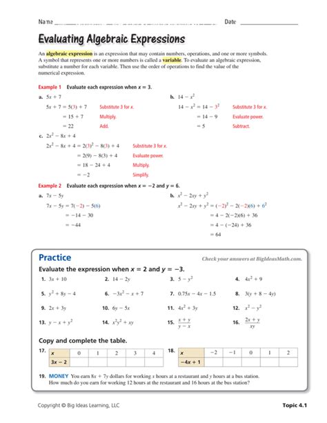 Evaluating Algebraic Expressions 的图像结果