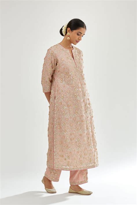 Pink silk chanderi straight kurta set with all-over dori and gota jaal ...