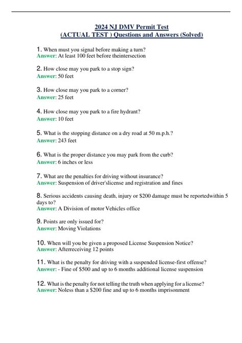 2024 NJ DMV Permit Test (ACTUAL TEST ) Questions and Answers (Solved ...