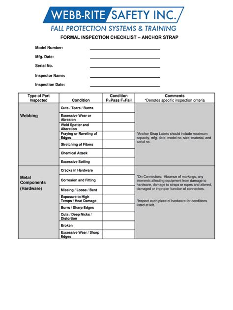 Fillable Online FORMAL INSPECTION CHECKLIST ANCHOR STRAP Fax Email ...