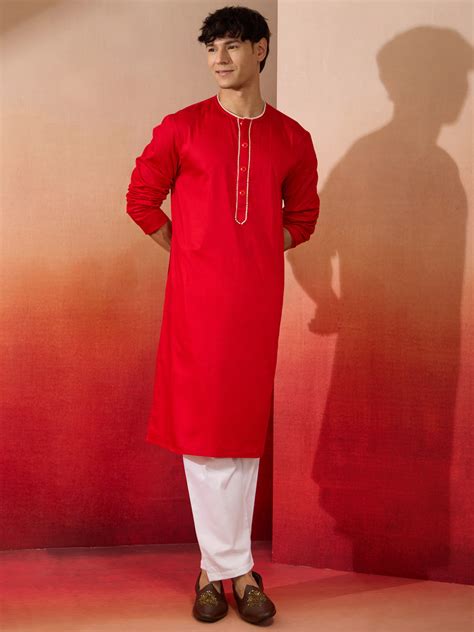 Men Red Cotton Kurta White Pyjama Set | VASTRAMAY – vastramay
