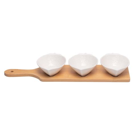 3 Lemon Shaped Ceramic Bowls Serving Platter with Wooden Tray Set – EZ Life