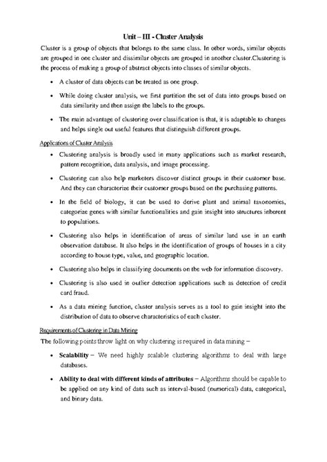 Dm unit3-1 - Unit 3 - Unit – III - Cluster Analysis Cluster is a group ...