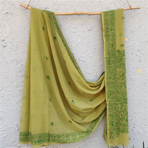 SUI DHAGA - Pure Bengal Mul Cotton Handmade Kaatha Work Saree Light Gr ...
