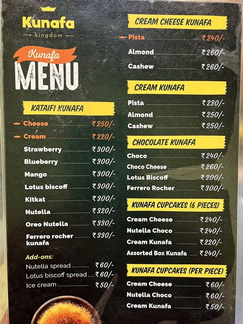 Menu at Kunafa Kingdom, Hyderabad