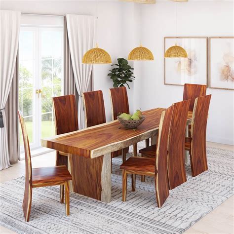 Auburn Solid Wood Single Slab Live Edge Dining Table and 8 Chair Set in ...