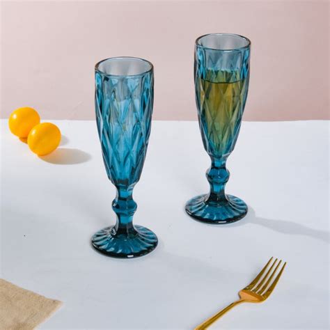Crystal Textured Champagne Glass Blue Set Of 6 150 ml Online - Premium ...