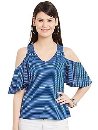 Buy HYPERNATION Blue and White Stripe Cotton Blend Cold Shoulder Top ...