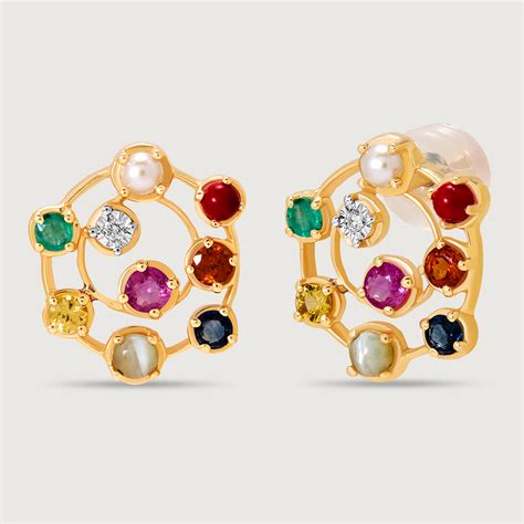 Navratna Nouveau 14KT Stud Earrings