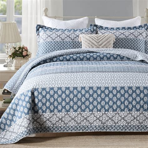 Bedduvit King Size Floral Striped Blue Quilt Set with 2 Pillow Shams ...