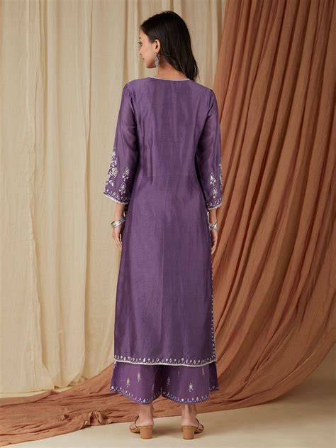 Buy Purple Aari Embroidered Chanderi Silk Kurta with Cotton Palazzo and ...