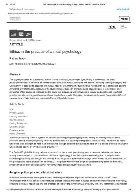 Ethics in the practice of clinical psychology Indian Journal of Medical ...