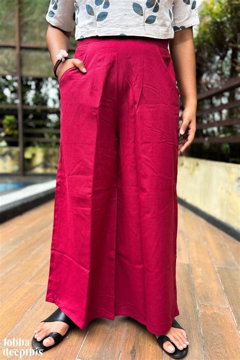 Maroon Red Cotton Flax Parallel Pants with Pockets- Lobha Deepthis