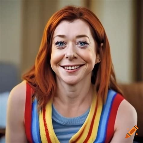 Smiling alyson hannigan in a colorful striped sweater vest on Craiyon