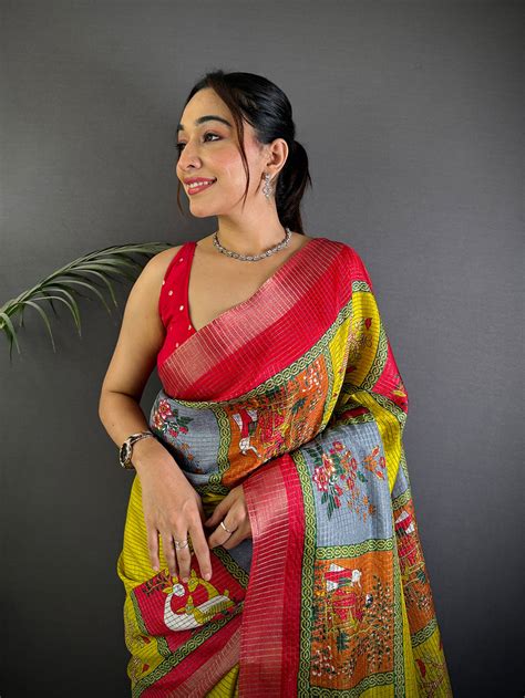 Olive Pure Viscose Kalalmkari Print Saree Online Vastranand