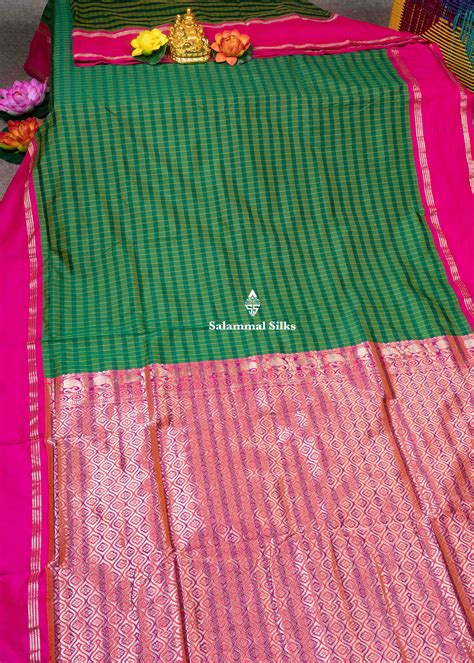 9 Yards Semi Silk Saree Parrot Green & Green Colour with Pink Double B ...