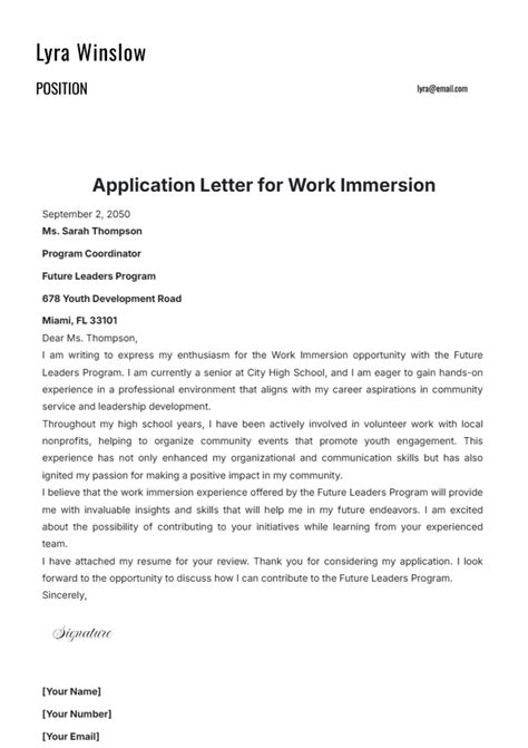 Free Application Letter for Work Immersion Template to Edit Online