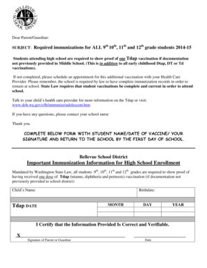 Fillable Online bsd405 Important Immunization Information for High ...