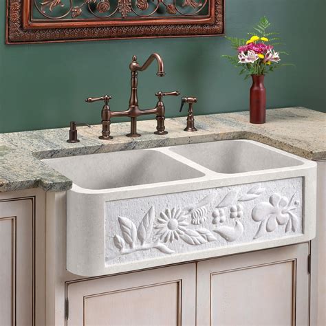 33" Floral 60/40 Offset Double-Bowl Marble Farmhouse Sink - White ...
