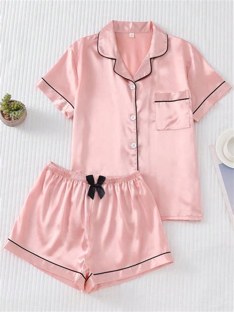 2pcs/set Satin Pajama Set For Women, Short Sleeved Turn-down Collar Top ...