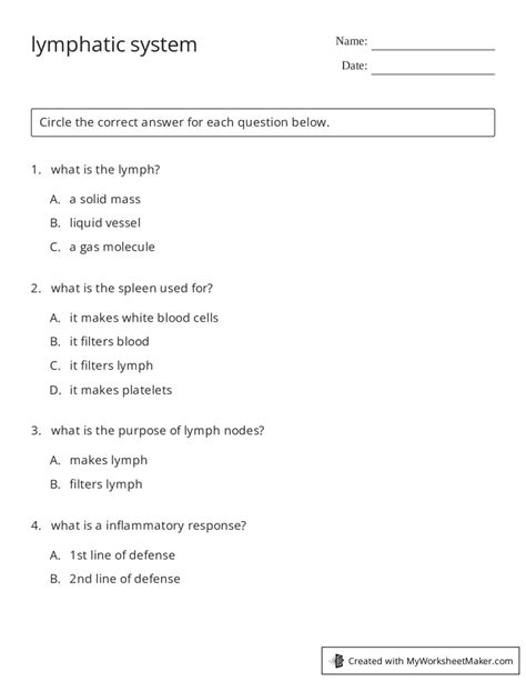 Image result for Lymphatic System Worksheet