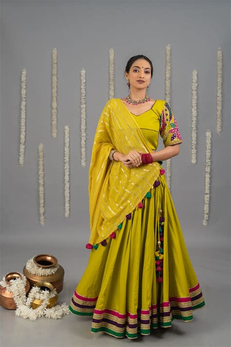 Soraya Set – Yellow & Multicolor Appliqué Mirror Lehenga Set – Pohi Studio