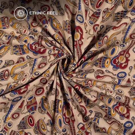 Tan Beige And Maroon Quirky Pattern Kalamkari Cotton Fabric – Fabcurate