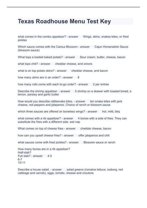 Texas Roadhouse Menu Test Key Questions with correct Answers Scored A+ ...