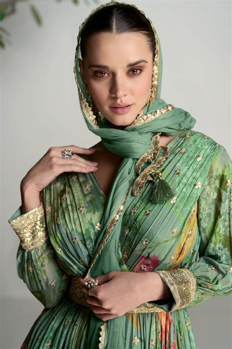 Dark Green Floral Anarkali Suit in Real Chinon with Soft Net Dupatta ...