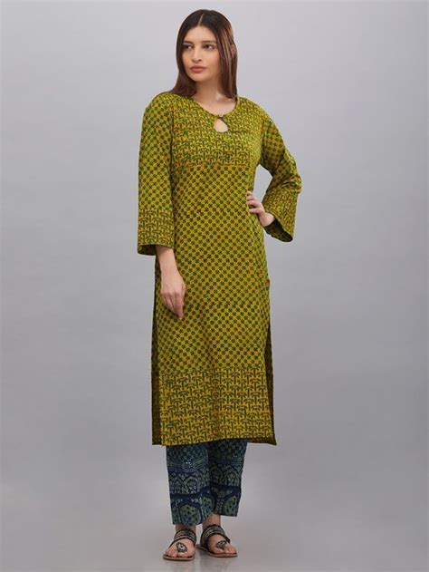 Buy Ivory Blue Hand Block Ajrak Printed Cotton Kurta online at Theloom