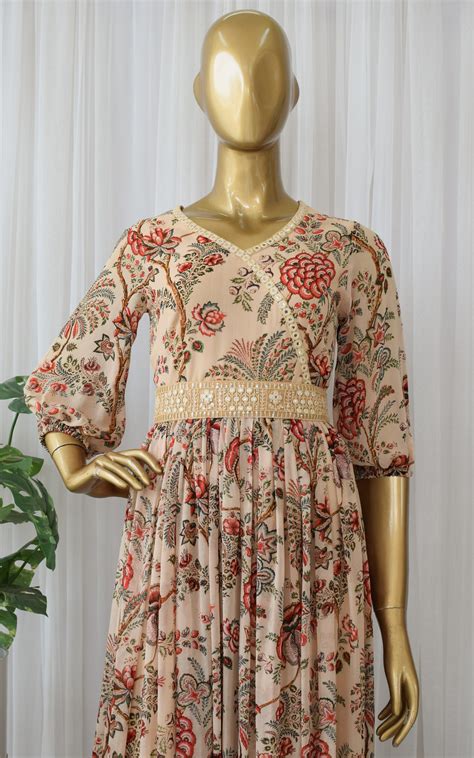 Beige Red Floral Printed Georgette Mirrorwork Jumpsuit