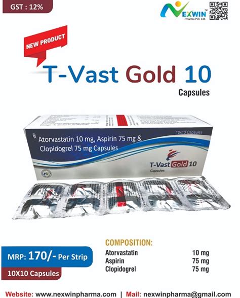 Atorvastatin, Aspirin, Clopidogrel Capsules | T-Vast Gold 10 ...