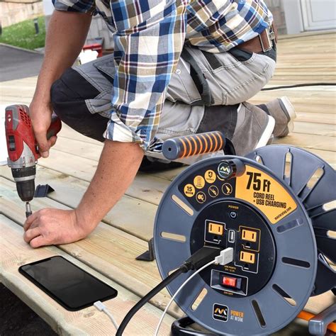 Masterplug Masterplug 75Ft 4 Sockets 15A 12Awg Large Open Reel with USB ...