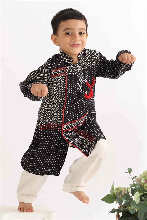 Buy LA DEE DA Black Embroidered High Low Kurta And Pyjama Set For Boys ...