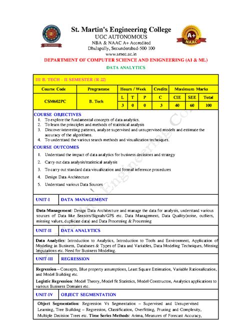 B. Tech II Sem (R 22) CSM602PC Data Analytics Course Overview and ...