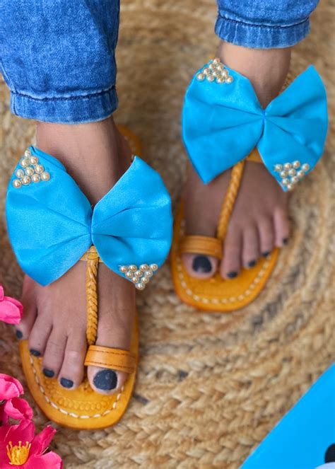 Get Blue Beads Embellished Bow Kolhapuris at ₹ 1899 | LBB Shop