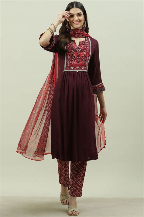 Burgundy Rayon A-Line Kurta Slim Pant Suit Set at Biba India