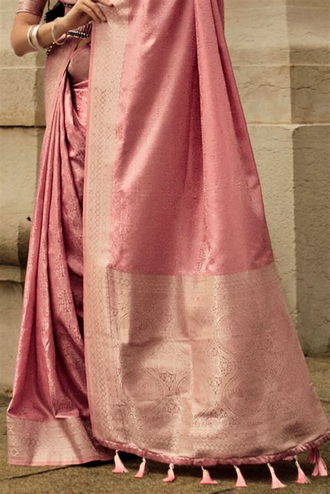 Light Pink Elegant Satin Silk Blend Saree with Matching Blen