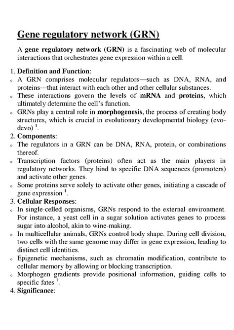 Gene regulatory network - Definition and Function: o A GRN comprises ...