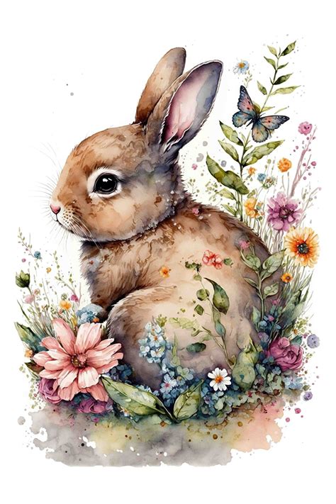 Watercolor Adorable Baby Bunny in Flowers, Easter Wall Art, Digital Art ...