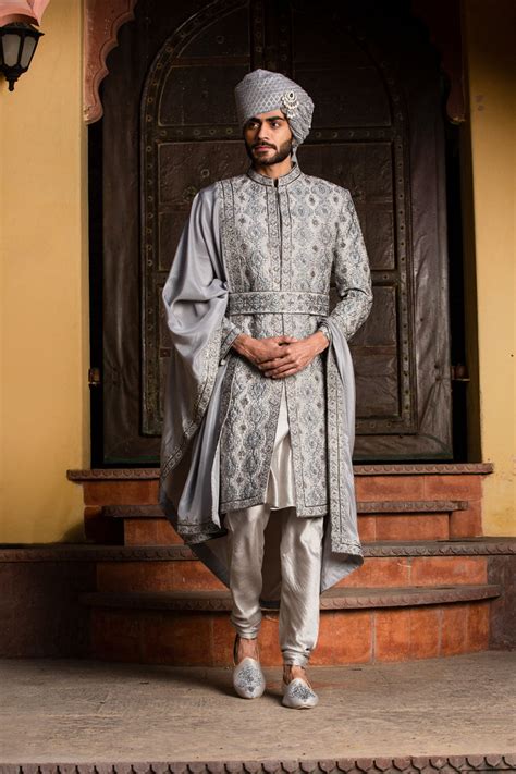 Grey Dupioni Silk Applique Embroidered Achkan and Belt with Monga Kurt ...