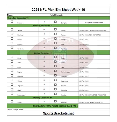 2024 NFL Pick Em Sheet Week 16; Printable, PDF Format - Sports Brackets