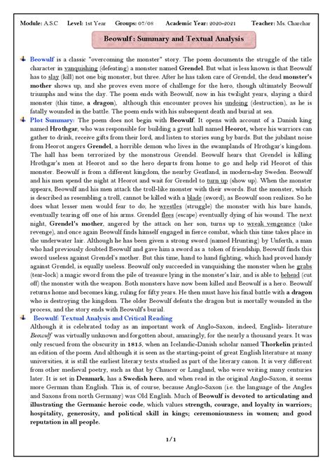 Beowulf : Summary and Textual Analysis | Study notes English Language ...