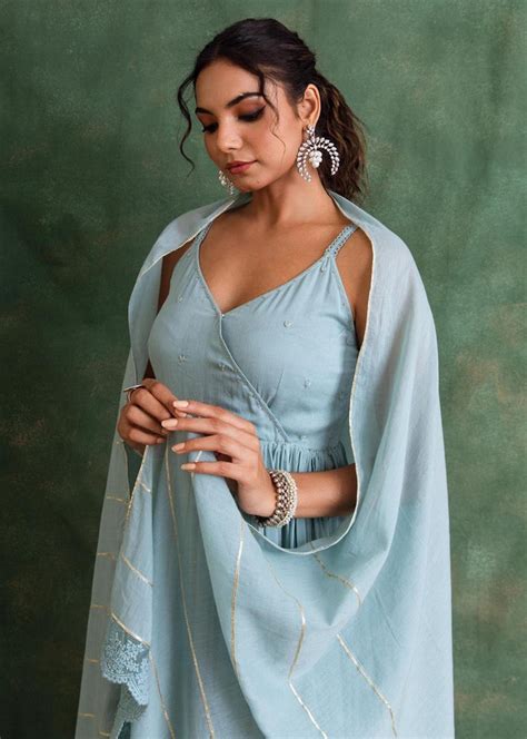 Shop Best Powder Blue Strappy Anarkali Suit Set for Women Online Order ...