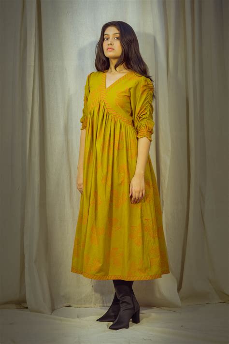 Mustard Yellow Handblock Printed Cotton Tunic with Puff Sleeves – Diva ...