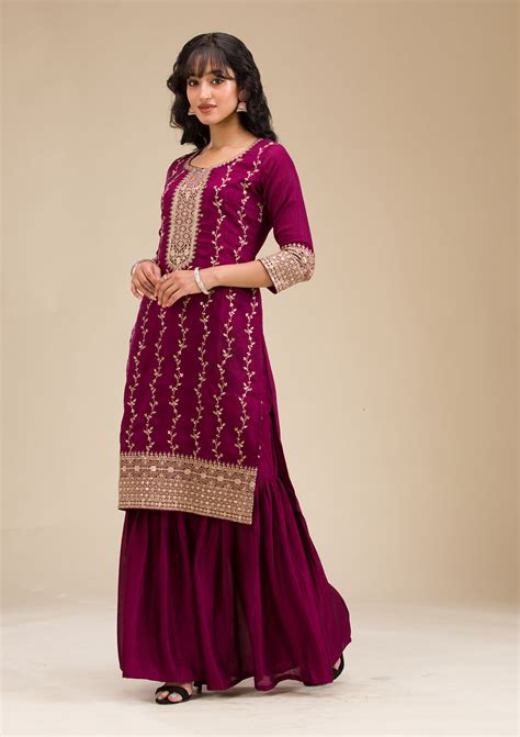 Buy Wine Zariwork (Gold) Soft Raw Silk Readymade Salwar Suit - Koskii