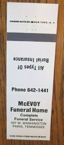 PARIS, TENNESSEE: McEVOY FUNERAL HOME MATCHBOOK MATCHCOVER -F10 | eBay