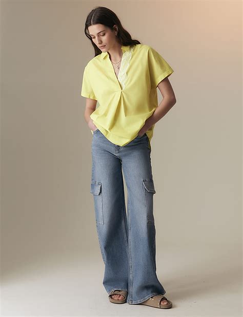 Buy Pure Cotton Oversized Collared Lace Detail Blouse at Marks & Spencer