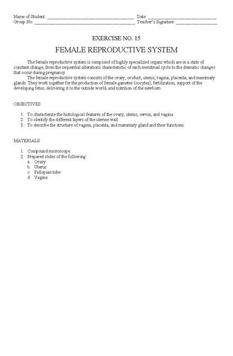 Exercise No. 15: Female Reproductive System Overview - Studocu