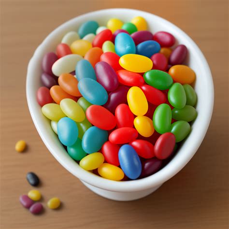 A Colorful Array of Jelly Beans in a White Dish on Wood.